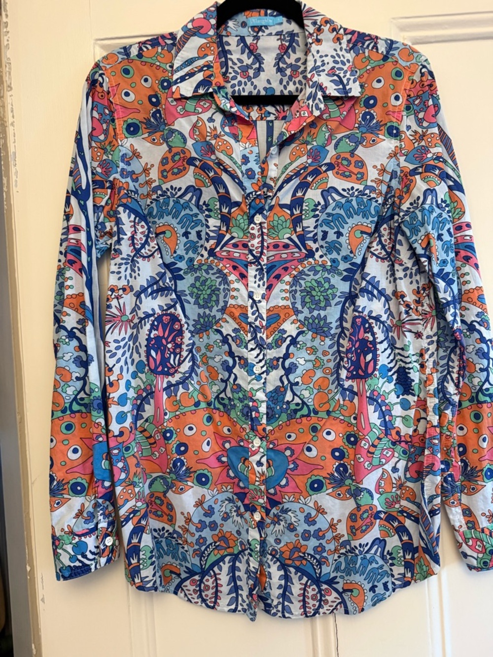J. McLaughlin Cream Blouse with Blue Vine and Coral Floral Print